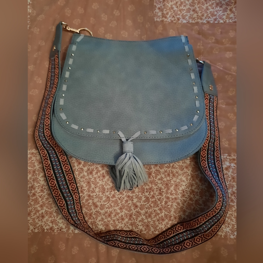 Steve Madden Blue Crossbody Bag with Tassel and Patterned Strap